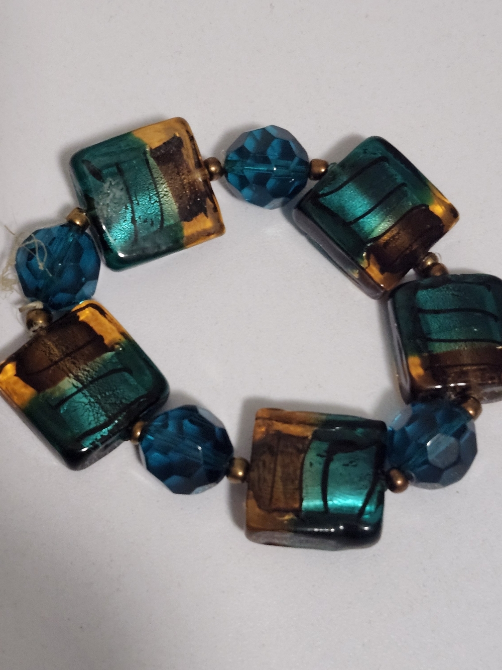 Teal and Amber Glass Bead Stretch Bracelet - Women's Jewelry